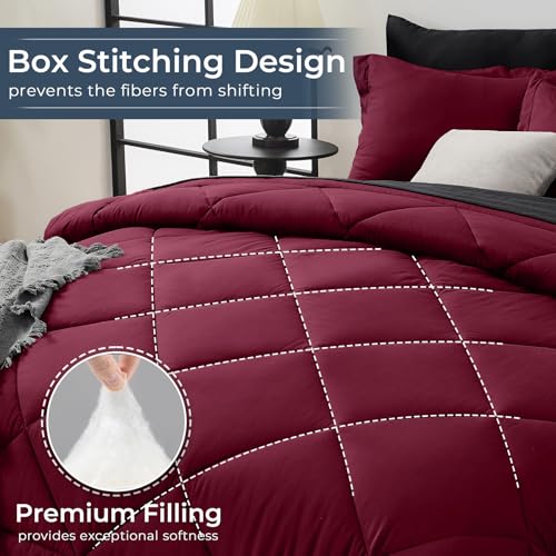 HEVUMYI Red & Black Queen Comforter Set - 7-Piece All Season Burgundy Bed in a Bag Queen, Ultra Soft Bedding Set with Comforter, Flat Sheet, Fitted Sheet, Pillowcases, Pillow Shams, Burgundy - Image 4