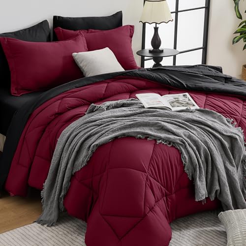 HEVUMYI Red & Black Queen Comforter Set - 7-Piece All Season Burgundy Bed in a Bag Queen, Ultra Soft Bedding Set with Comforter, Flat Sheet, Fitted Sheet, Pillowcases, Pillow Shams, Burgundy - Image 1