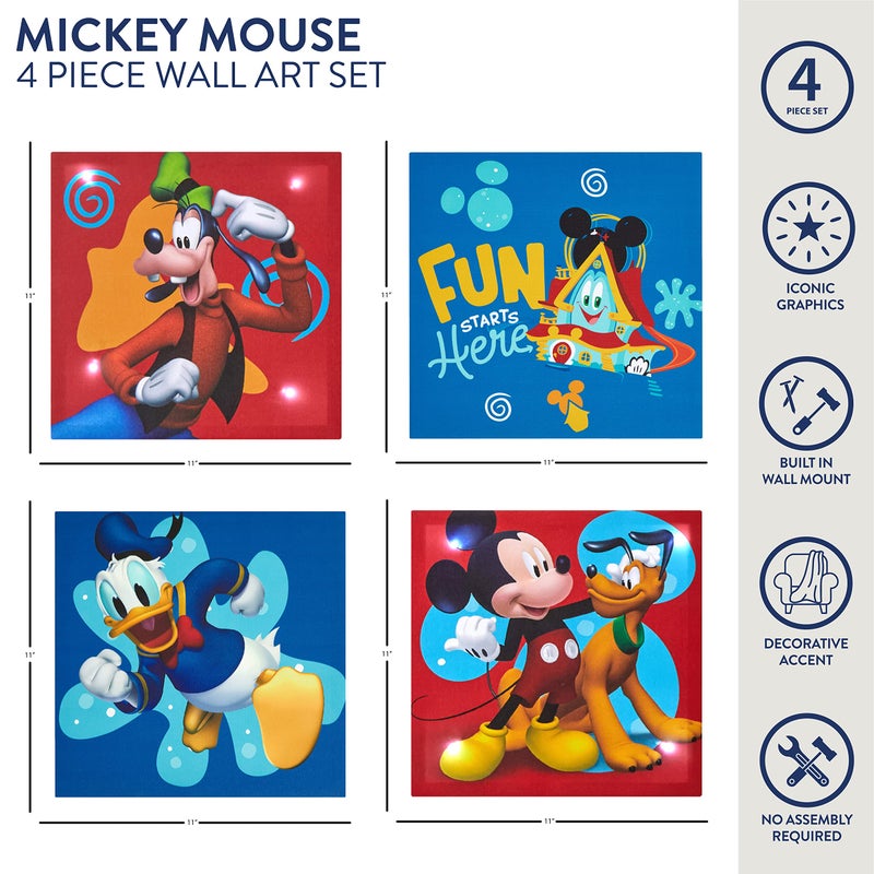 Idea Nuova Disney Mickey Mouse 4 Pack Canvas LED Wall Art Set,Childrens Wall Hanging DÃ©cor,Each Piece 11"x11" - Image 2