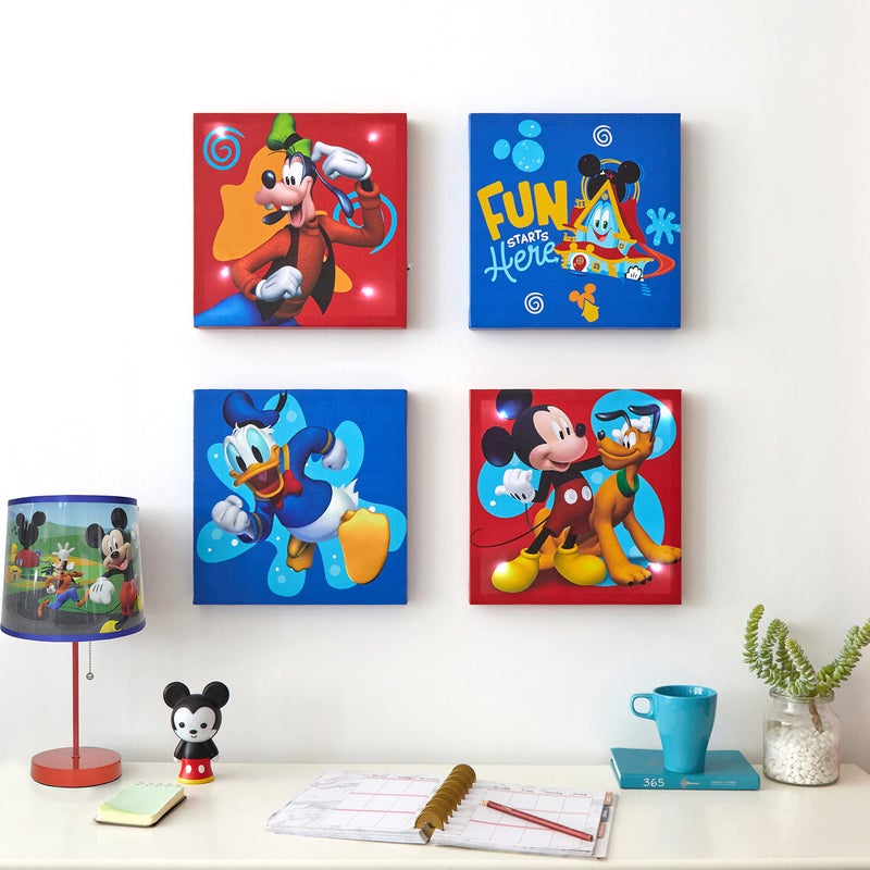 Idea Nuova Disney Mickey Mouse 4 Pack Canvas LED Wall Art Set,Childrens Wall Hanging DÃ©cor,Each Piece 11"x11" - Image 1