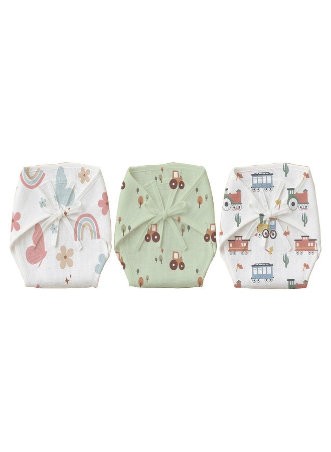 Mookoo Cotton Langots for New Born 0-3 Months | Soft Muslin Baby Nappy | Comfortable Washable Diaper Wrap | |Pack Of 6| Tractor+Train+Butterfly - Image 1