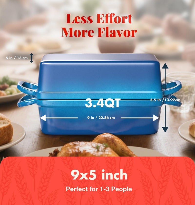 BIGFIT قالب خبز من الحديد الزهر 2 في 1 مع غطاء، 3.4QT 9x5 بوصة فرن هولندي لخبز الخبز، فرن خبز بتسخين متساوي، قالب خبز مينا لخبز الخبز الحامض المنزلي والطهي المتنوع، أزرق - Image 3