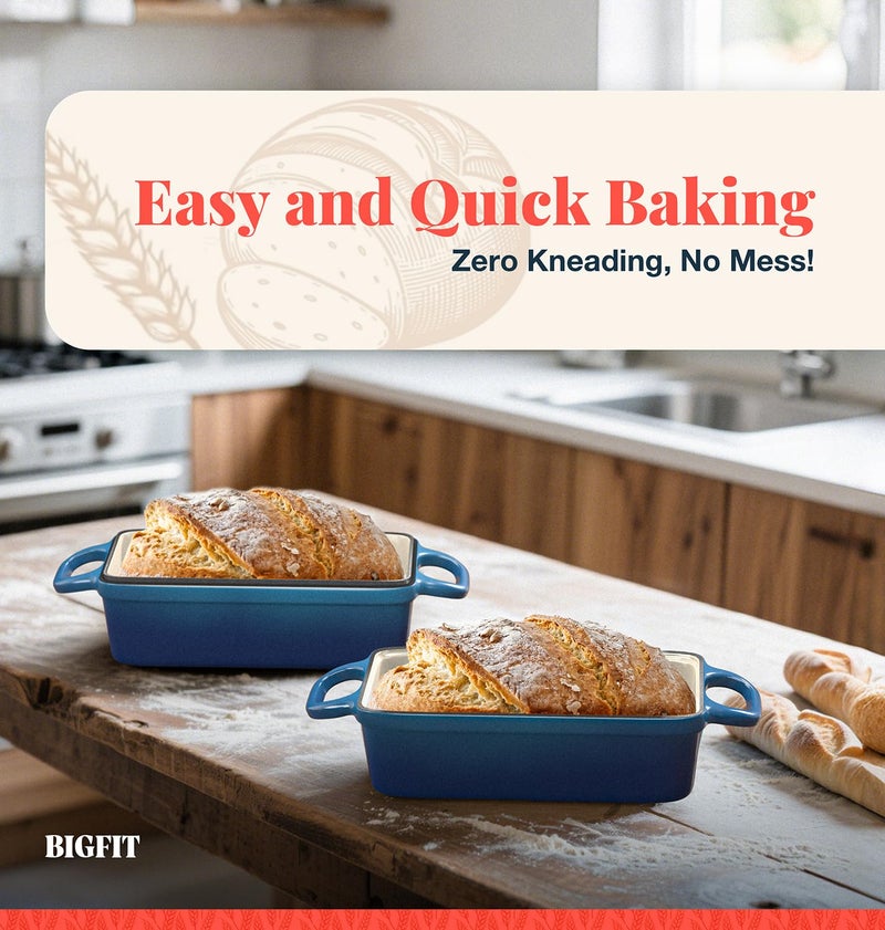 BIGFIT قالب خبز من الحديد الزهر 2 في 1 مع غطاء، 3.4QT 9x5 بوصة فرن هولندي لخبز الخبز، فرن خبز بتسخين متساوي، قالب خبز مينا لخبز الخبز الحامض المنزلي والطهي المتنوع، أزرق - Image 4