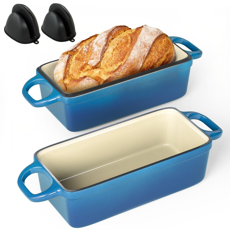BIGFIT قالب خبز من الحديد الزهر 2 في 1 مع غطاء، 3.4QT 9x5 بوصة فرن هولندي لخبز الخبز، فرن خبز بتسخين متساوي، قالب خبز مينا لخبز الخبز الحامض المنزلي والطهي المتنوع، أزرق - Image 1