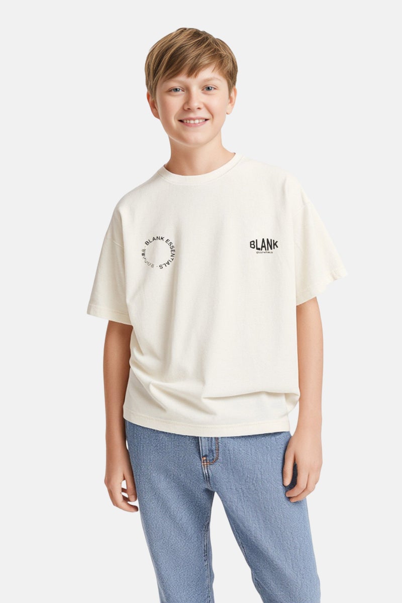 Blank Essentials Kids Boy Short Sleeve Brand Logo T-shirt, Off White - Image 1