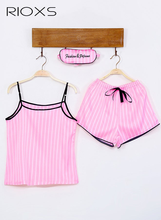 RIOXS 7pcs Women's Silk Satin Pajama Set, Comfortable Four-season Stripped Sleepwear with Short and Long Pants, Cami and V-neck Button Down Long Sleeve Nightwear Tops, Soft Loungewear Set for Pajama Party, Bridal Party, Lounging Room,Travel, Holiday, ect. Pink - Image 3