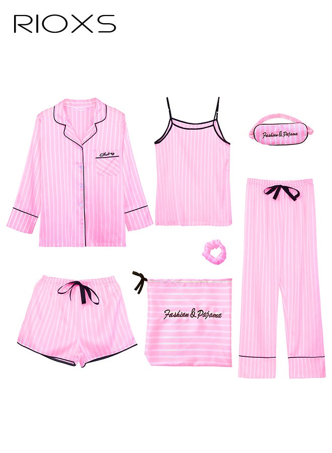 7pcs Women's Silk Satin Pajama Set, Comfortable Four-season Stripped Sleepwear with Short and Long Pants, Cami and V-neck Button Down Long Sleeve Nightwear Tops, Soft Loungewear Set for Pajama Party, Bridal Party, Lounging Room,Travel, Holiday, ect. Pink