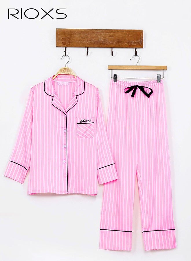 RIOXS 7pcs Women's Silk Satin Pajama Set, Comfortable Four-season Stripped Sleepwear with Short and Long Pants, Cami and V-neck Button Down Long Sleeve Nightwear Tops, Soft Loungewear Set for Pajama Party, Bridal Party, Lounging Room,Travel, Holiday, ect. Pink - Image 2