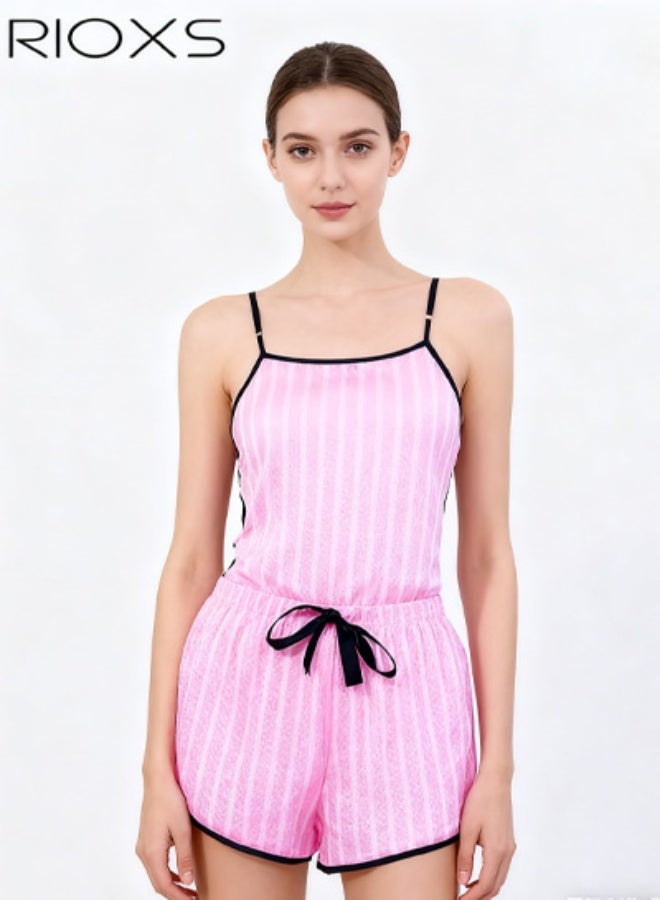 RIOXS 7pcs Women's Silk Satin Pajama Set, Comfortable Four-season Stripped Sleepwear with Short and Long Pants, Cami and V-neck Button Down Long Sleeve Nightwear Tops, Soft Loungewear Set for Pajama Party, Bridal Party, Lounging Room,Travel, Holiday, ect. Pink - Image 4