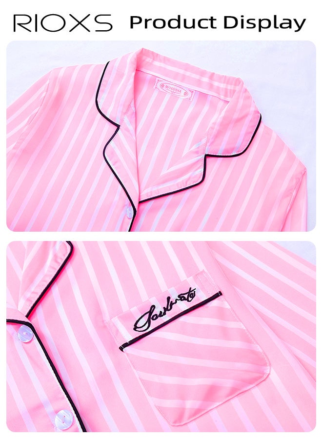RIOXS 7pcs Women's Silk Satin Pajama Set, Comfortable Four-season Stripped Sleepwear with Short and Long Pants, Cami and V-neck Button Down Long Sleeve Nightwear Tops, Soft Loungewear Set for Pajama Party, Bridal Party, Lounging Room,Travel, Holiday, ect. Pink - Image 5
