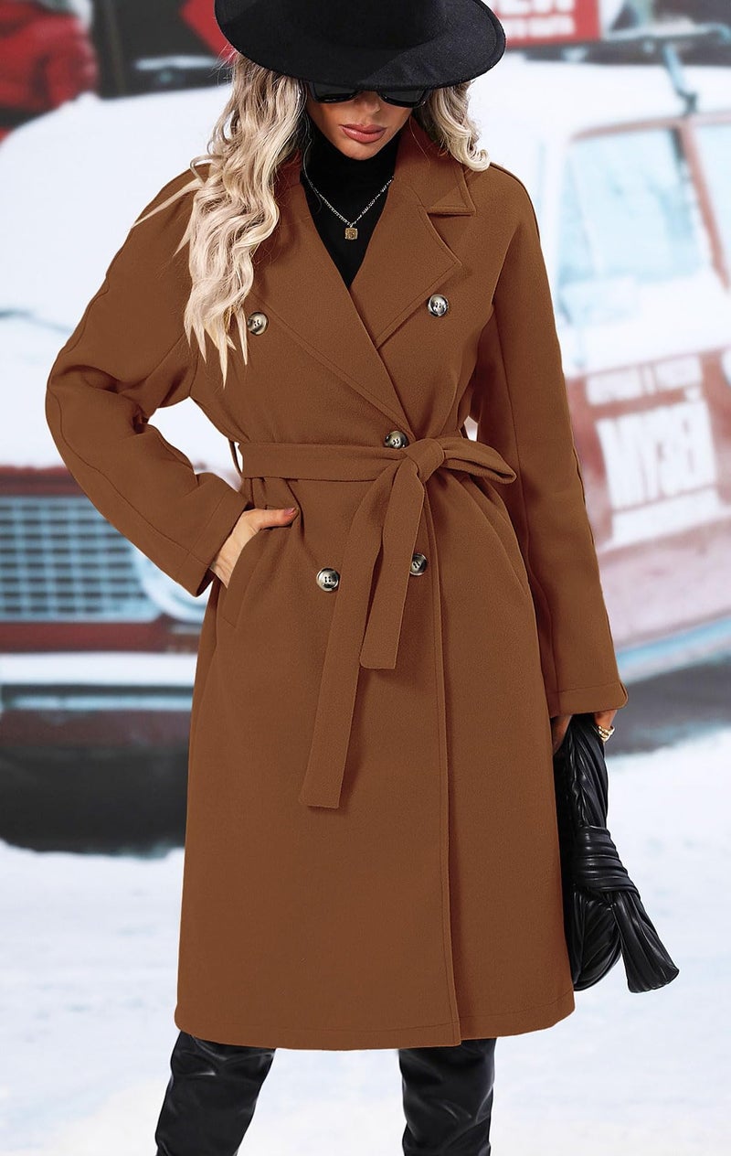 SAUKOLE Women's 2025 Classical Double-Breasted Long Coat with Pocketed Casual Lapel Wool Overcoat Brown - Image 2