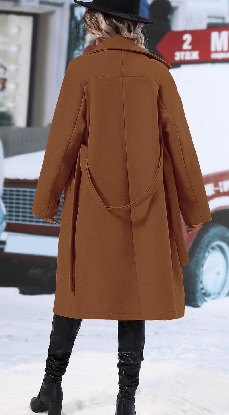 SAUKOLE Women's 2025 Classical Double-Breasted Long Coat with Pocketed Casual Lapel Wool Overcoat Brown - Image 5