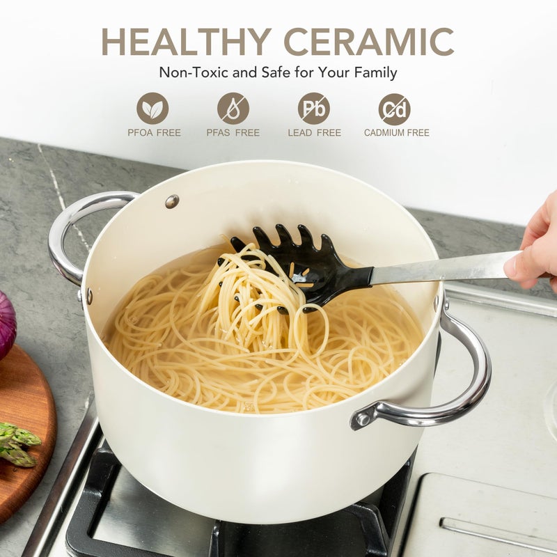 MICHELANGELO Stock Pot with Lid, Nonstick Cooking Pot, 5 Quart Soup Pot with Lid, Non Stick Pots with Stainless Steel Handle, Induction Compatible, Cream - Image 2