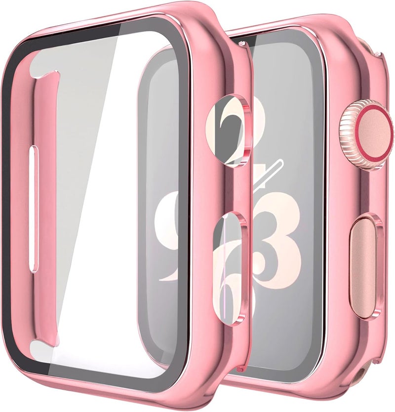 Misxi 2 Pack Hard PC Case with Tempered Glass Screen Protector Compatible with Apple Watch SE 2 (2024), SE Series 6, 5, 4 44mm - 1 Rose Pink + 1 Transparent - Image 1