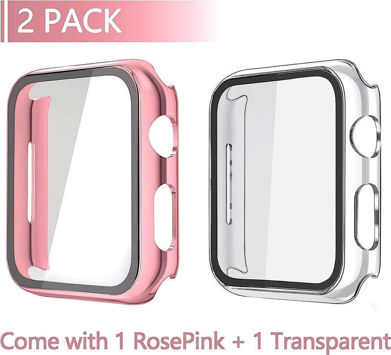 Misxi 2 Pack Hard PC Case with Tempered Glass Screen Protector Compatible with Apple Watch SE 2 (2024), SE Series 6, 5, 4 44mm - 1 Rose Pink + 1 Transparent - Image 2