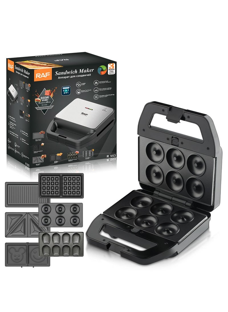 آر إيه أف صانعة ساندويتشات متعددة الوظائف 6 في 1، صانعة الوافل، محمصة الخبز، شواية بانيني، دونات، بسكويت، مع طبقة غير لاصقة ولوحة شواء قابلة للفصل، مقبض محمول بارد الملمس، مصابيح مؤشر LED وسهلة التنظيف، تسخين سريع - Image 1