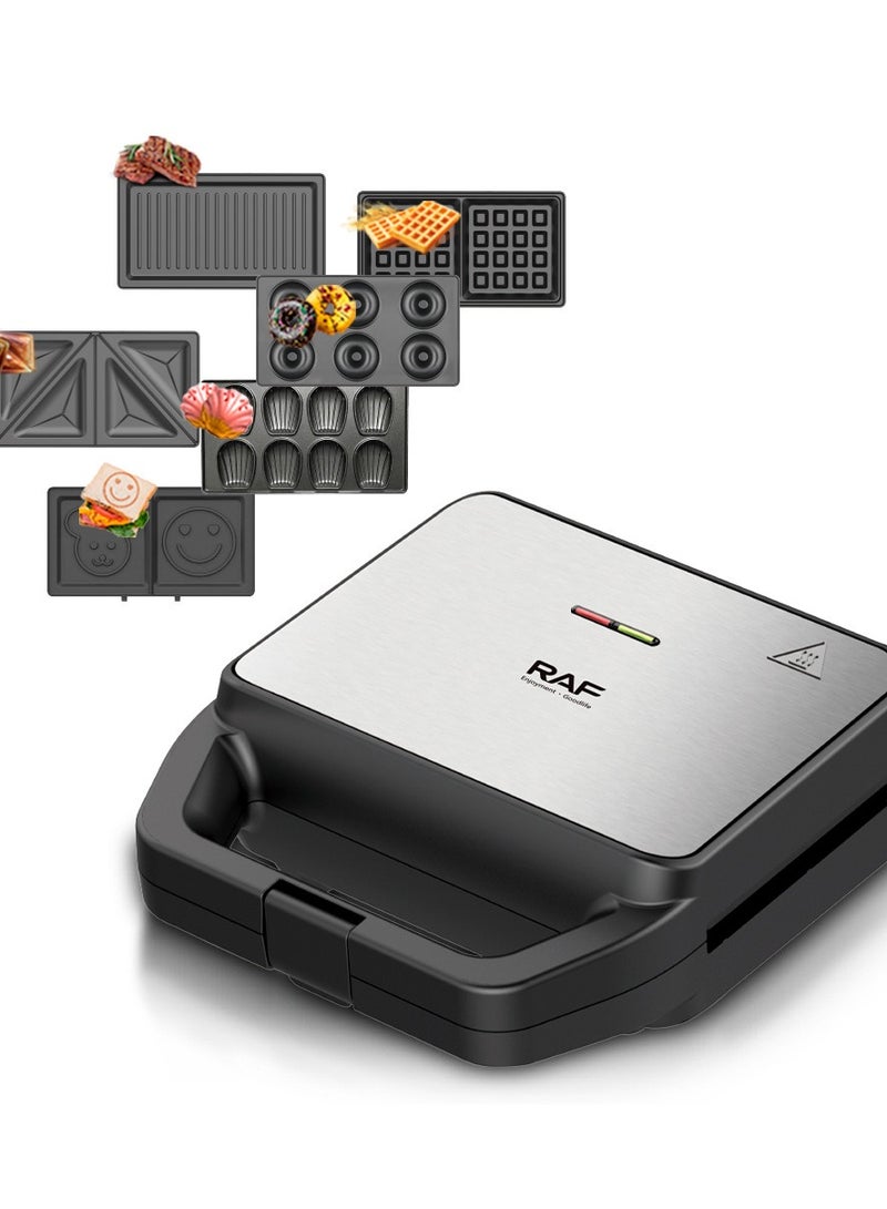 آر إيه أف صانعة ساندويتشات متعددة الوظائف 6 في 1، صانعة الوافل، محمصة الخبز، شواية بانيني، دونات، بسكويت، مع طبقة غير لاصقة ولوحة شواء قابلة للفصل، مقبض محمول بارد الملمس، مصابيح مؤشر LED وسهلة التنظيف، تسخين سريع - Image 2