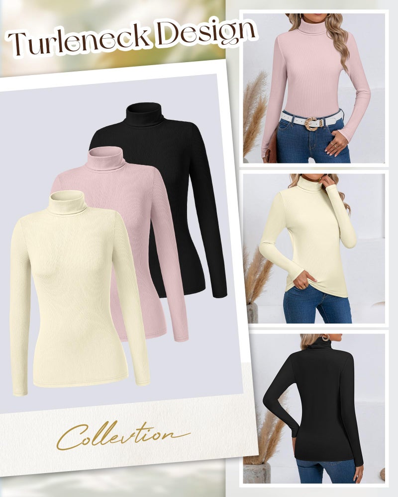 Ficerd 3 Pack Women's Ribbed Thermal Turtleneck Tops Long Sleeve Stretch Shirts Knitted Fitted Lightweight Base Layer(M,Black, Lotus Pink, Cream) - Image 2