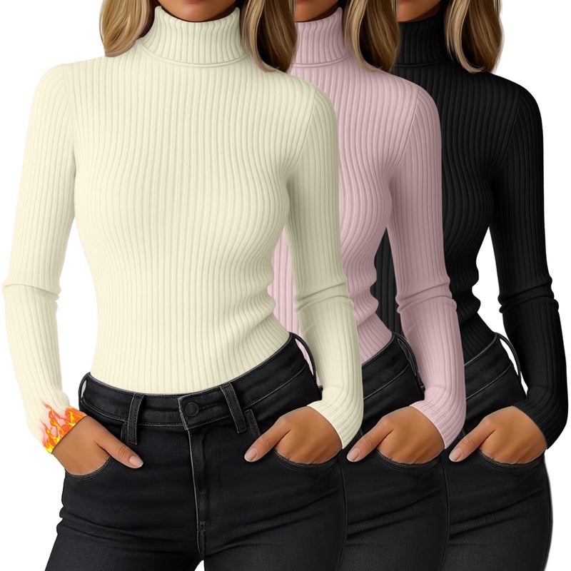 Ficerd 3 Pack Women's Ribbed Thermal Turtleneck Tops Long Sleeve Stretch Shirts Knitted Fitted Lightweight Base Layer(M,Black, Lotus Pink, Cream) - Image 1