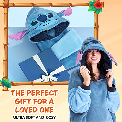 Disney Fleece Hoodie for Adults and Teenagers Oversized Hooded Poncho One Size - Stitch Gifts (Blue) - Image 2