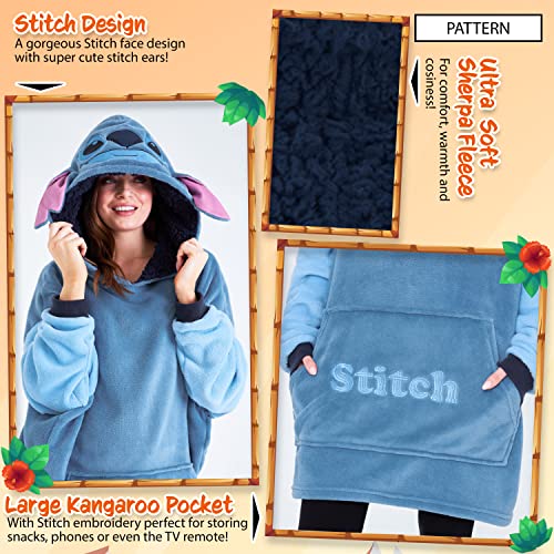 Disney Fleece Hoodie for Adults and Teenagers Oversized Hooded Poncho One Size - Stitch Gifts (Blue) - Image 4