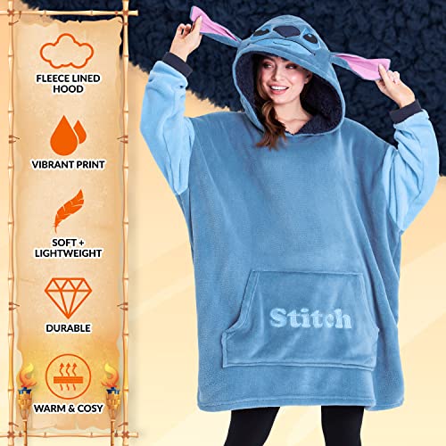 Disney Fleece Hoodie for Adults and Teenagers Oversized Hooded Poncho One Size - Stitch Gifts (Blue) - Image 3