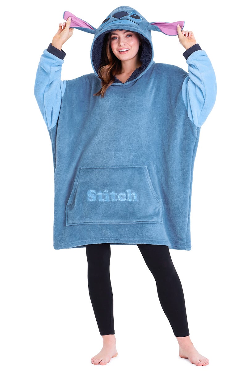 Disney Fleece Hoodie for Adults and Teenagers Oversized Hooded Poncho One Size - Stitch Gifts (Blue) - Image 1