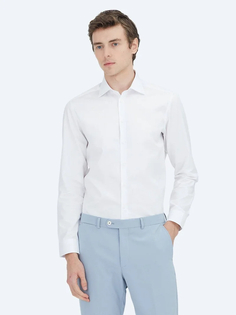 Kip White Plain Slim Fit Long Weaving Classical 100% Cotton Shirt