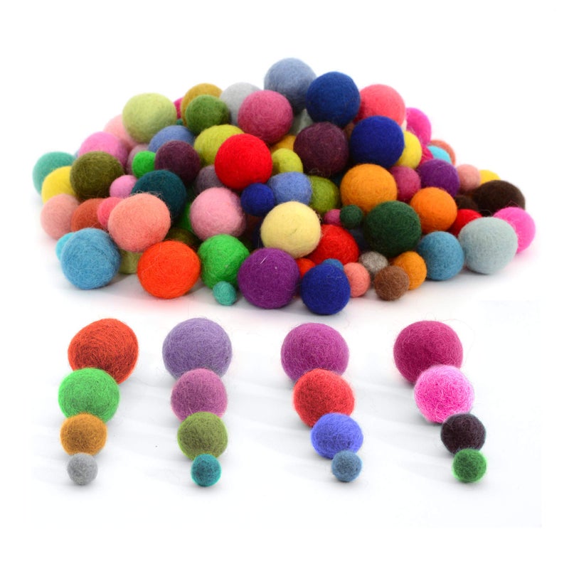 Glaciart One Felted Pom Poms  Wool Balls (240 Pcs) 4 Sizes: 1 cm  1.5 cm  2 cm & 2.5 cm  Handmade Felted 60 Color (Red  Pink  Blue  Yellow  Black  Pastel & More)  Bulk Small Puff for Felting & Garland - Image 1