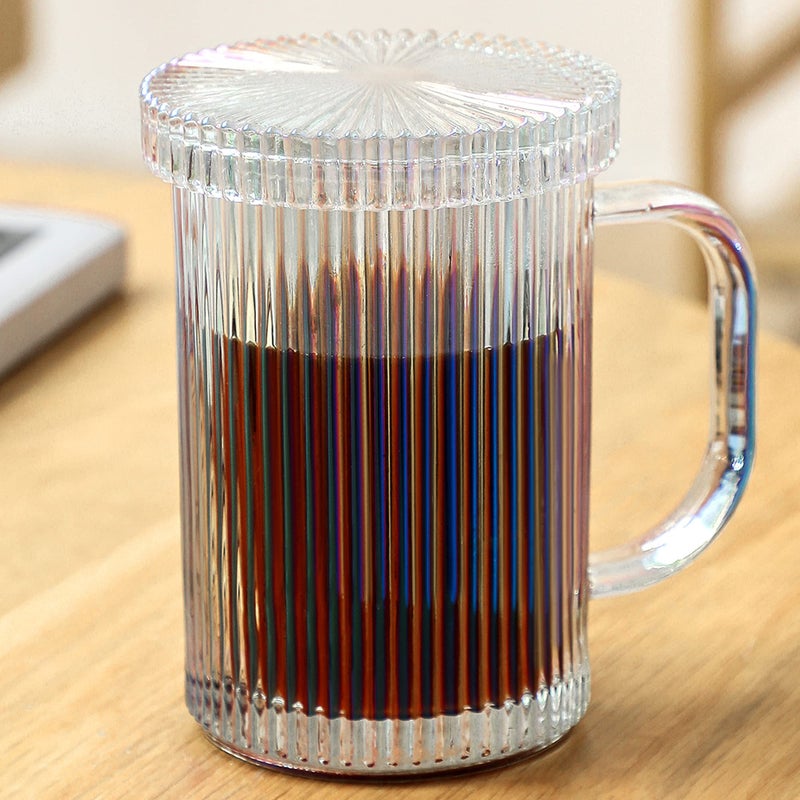 Lysenn Iridescent Glass Coffee Mug  Classic Vertical Stripes Tea Mug  Elegant Coffee Cup with Glass Lid for Latte Espresso  Lovely Gift for Christmas Anniversary and Birthday  11 oz