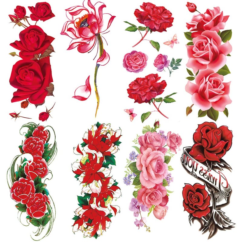 Oottati Oottati 8 Sheets Arm Flower Temporary Tattoos - Red Rose Lotus For Men and Women 