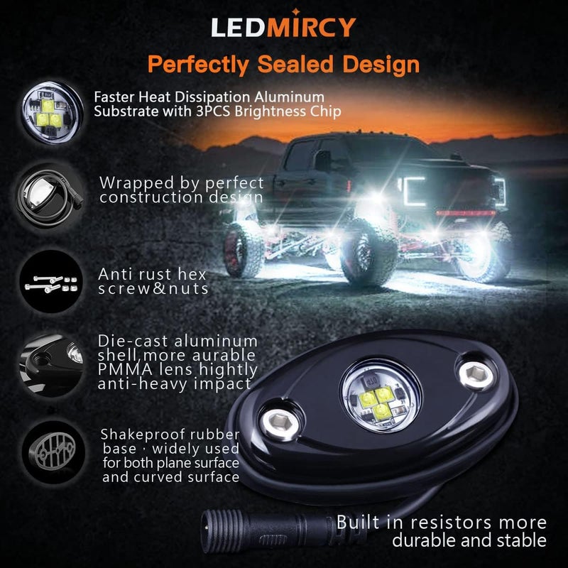 LEDMIRCY R1 Pure White Rock Lights Kit - 12PCS Super Bright LED Underbody Lights for Offroad Vehicles - Image 4