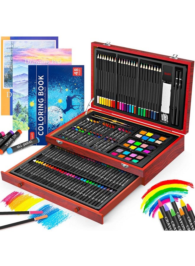 آي بايام مجموعة فنية خشبية فاخرة مكونة من 150 قطعة، مجموعة أدوات رسم يدوية مع كتاب تلوين واحد ولوحتي رسم، صندوق هدايا إبداعي للبالغين الفنانين المبتدئين والأطفال والبنات والأولاد - Image 1