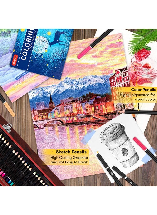 آي بايام مجموعة فنية خشبية فاخرة مكونة من 150 قطعة، مجموعة أدوات رسم يدوية مع كتاب تلوين واحد ولوحتي رسم، صندوق هدايا إبداعي للبالغين الفنانين المبتدئين والأطفال والبنات والأولاد - Image 4