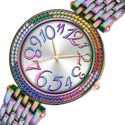 Bisley Women Rainbow Watch Metal Bracelet Iced-Out Face Easy to Read Watch - Image 2