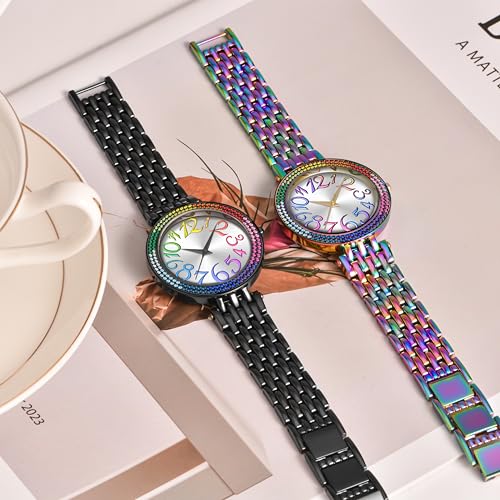 Bisley Women Rainbow Watch Metal Bracelet Iced-Out Face Easy to Read Watch - Image 5