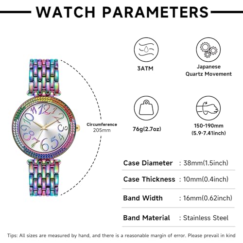 Bisley Women Rainbow Watch Metal Bracelet Iced-Out Face Easy to Read Watch - Image 4