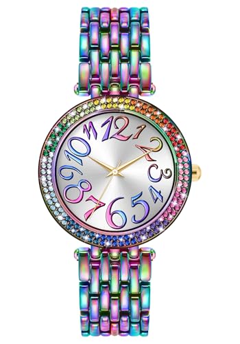 Bisley Women Rainbow Watch Metal Bracelet Iced-Out Face Easy to Read Watch - Image 1