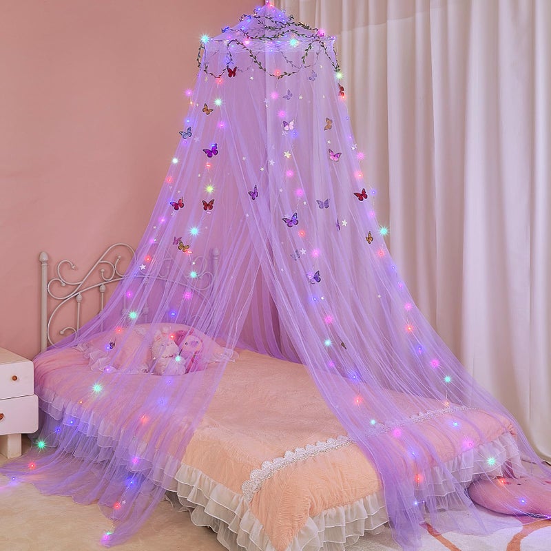 FIOBEE FIOBEE Bed Canopy for Girls Room Bed Canopy Curtains with Led Lights Mosquito Net DIY Princess Room Dcor with Stars Butterflies for Kids Bedroom Purple 