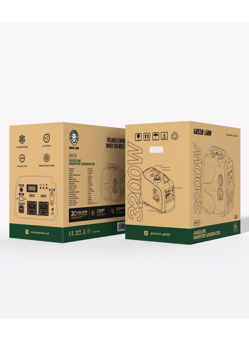 GREEN LION Gasoline Inverter Generator GTR100 3500W / Electric/Recoil Start / Low Noise / Low Fuel Consumption/ 4-Stroke Engine / 600ml Oil Capacity - Black  - Image 3