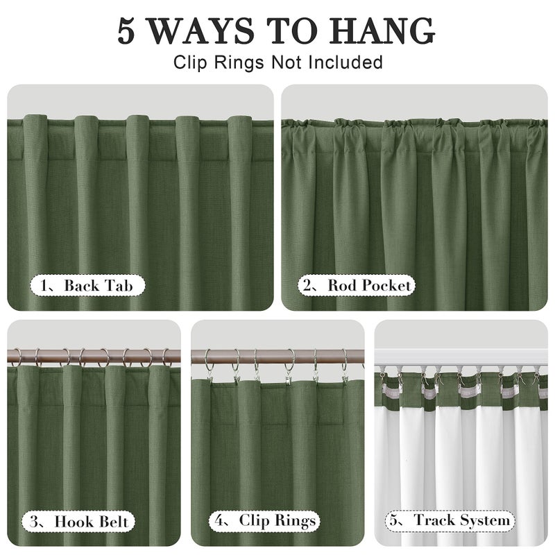 Joywell Olive Green Linen Full Blackout Curtains 120 Inch Long  Rod Pocket/Back Tab/Hook Belt/Clip Rings Thermal Insulated Drapes for Bedroom Living Room with Hooks 2 Panels 52 x 120 - Image 3