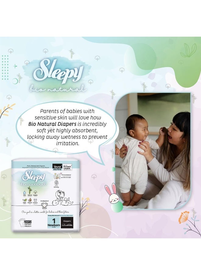 Sleepy عبوة من 128 حفاضات بيولوجية طبيعية حجم 1، حفاضات جافة للأطفال، 2-5 كجم، مضادة للحساسية، قائمة على الماء، حليب لوز، نباتية، 100% مانعة للتسرب، 2 × 64 قطعة - Image 3