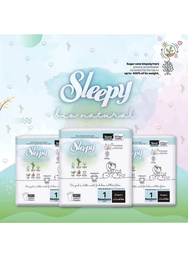 Sleepy عبوة من 128 حفاضات بيولوجية طبيعية حجم 1، حفاضات جافة للأطفال، 2-5 كجم، مضادة للحساسية، قائمة على الماء، حليب لوز، نباتية، 100% مانعة للتسرب، 2 × 64 قطعة - Image 2