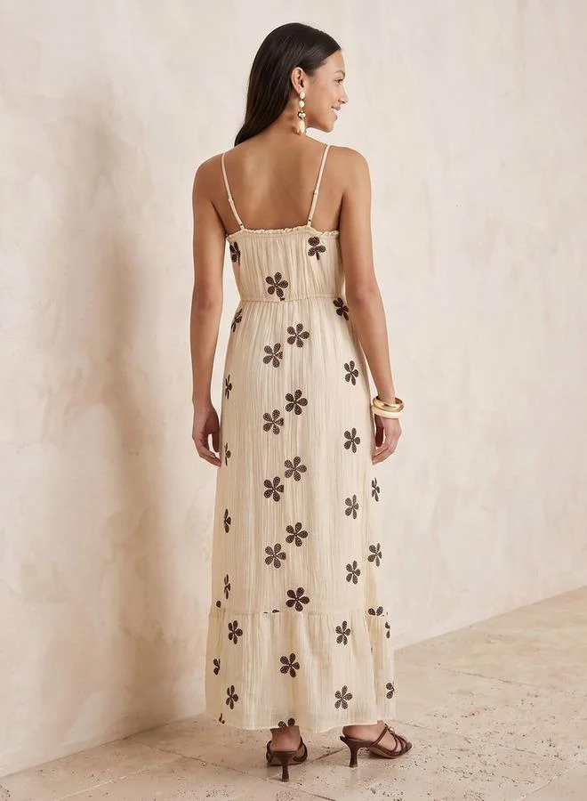 Splash FAV Cream Youth Strappy A-line Dress with Embroidery for Women | Best Price UAE