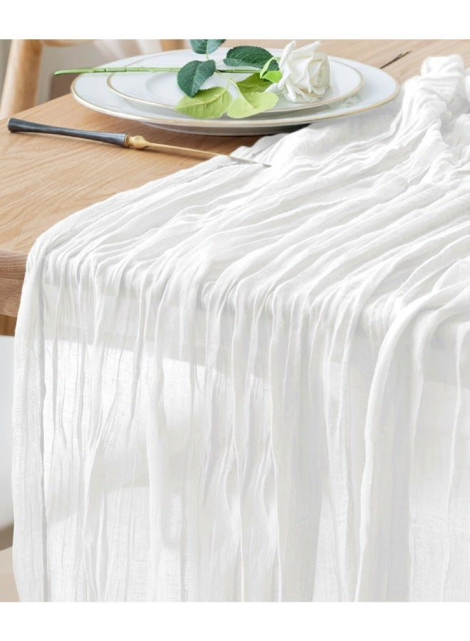 Nadrab Crumpled Gauze Table Runner 90 x 400 cm, Boho Style Decorative Runner for Wedding, Bridal Shower, Baby Shower, Birthday & Home Party Decor - White - Image 1