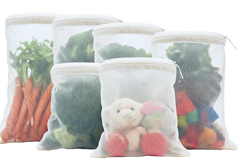 Tidy Fox Vegetable Storage Net Bags for Fridge – Set of 6 / Reusable, Washable, Durable Nylon Mesh Bags with Rustproof Zipper for Produce, Toys, Travel & Home Organization - Image 1