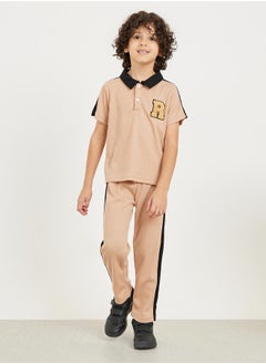 Letter Embroidered Contrast Collar Waffle Knit Polo T-Shirt and Pants Set