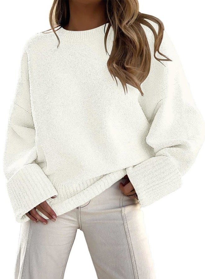 LILLUSORY Oversized Sweaters Womens 2023 Fall Outfits Clothes White Trendy Casual Crewneck Fuzzy Knit Fashion Chunky Warm Cashmere Knitted Pullover Dress Tops Trending Clothing Shirts White, White, M - Image 1