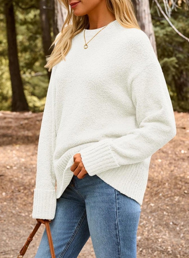 LILLUSORY Oversized Sweaters Womens 2023 Fall Outfits Clothes White Trendy Casual Crewneck Fuzzy Knit Fashion Chunky Warm Cashmere Knitted Pullover Dress Tops Trending Clothing Shirts White, White, M - Image 3