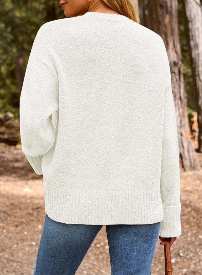 LILLUSORY Oversized Sweaters Womens 2023 Fall Outfits Clothes White Trendy Casual Crewneck Fuzzy Knit Fashion Chunky Warm Cashmere Knitted Pullover Dress Tops Trending Clothing Shirts White, White, M - Image 4